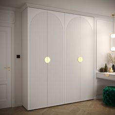 a white closet with two doors and three lights