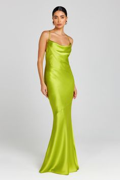 a woman in a lime green gown