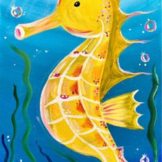 a painting of a yellow fish with bubbles in it's mouth and its tail