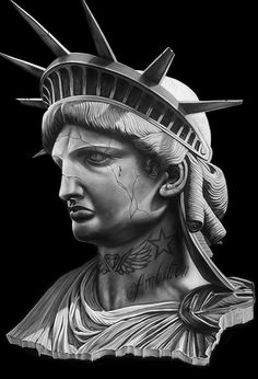 a statue of liberty with tattoos on it's face and head is shown in black and white