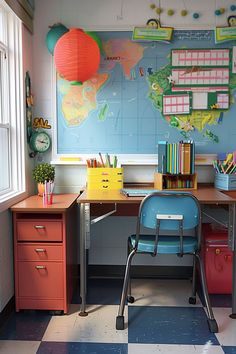 a desk and chair in a room with a map on the wall