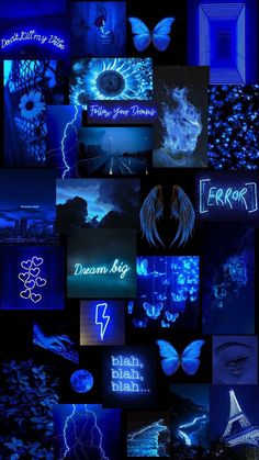 a collage of blue images with the words dream big written on them