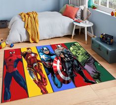 the avengers rug is on the floor in front of a child's bedroom with toys