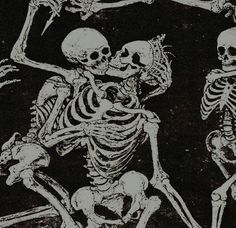 two skeletons are dancing in front of a black and white background, with one skeleton holding the other's hand