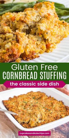 cornbread stuffing in a casserole dish with green beans