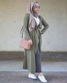 long olive cardigan neutral hijab- Hijab fashion guide 2016 http://www.justtrendygirls.com/hijab-fashion-guide-2016/ Hijabi Baddie, Olive Outfit, Olive Cardigan, Mehndi Dresses, Street Hijab Fashion, Hijab Collection, Modesty Outfits