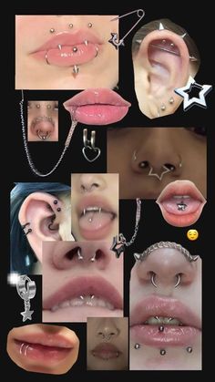 various images of different types of piercings on the nose and lip, including an earring