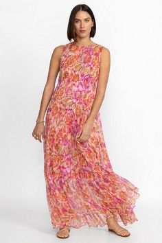 Vibrant and bold, the Loran Tiered Maxi Dress is embellished with an eye-catching intricate floral pattern. Crafted from 100% silk, this dress features a high rounded neckline and fitted bodice and is finished with a multi-tiered maxi-length skirt. Pair with white strappy sandals and a bright clutch for a polished evening look. Women's Loran Tiered Maxi Dress by Johnny Was in Fabiola, Size 2XL, 100% Silk, Floral Boho Womens Clothing, White Strappy Sandals, Creative Stuff, Boho Chic Outfits, Maxi Dress Online, Tiered Maxi Dress, Rounded Neckline, Embroidered Jeans, Boho Women