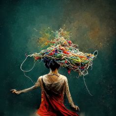 the woman is walking with her hair on her head, and she has yarn all over her body