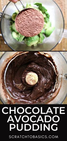 chocolate avocado pudding in a food processor with text overlay that says chocolate avocado pudding