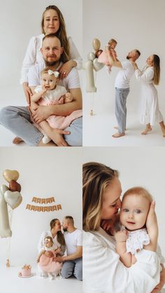 the family is posing for their newborn photos in this collage with balloons and toys