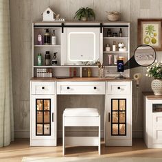 The design blends farmhouse elements, This makeup vanity table comes with a power strip, which includes 2 standard plug sockets and 2 USB ports. Easily connect a hair dryer, or curling iron, and charge your phone or other electronics. Gently touch the button to adjust 3 color modes, Long press to adjust brightness. Slide the mirror to either side you like freely making your daily beauty rituals effortless and enjoyable. Add elegance to your bedroom with a barn-door vanity desk. Crafted with meta Plug Sockets, Beauty Rituals, Makeup Table Vanity, Glass Cabinet Doors, Rgb Led Lights, Vanity Desk, Plug Socket, Drawer Slides, Vanity Table