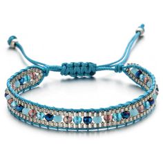 a blue string bracelet with beads on it