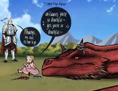 an image of a dragon and knight talking to each other