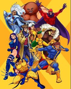 an image of some cartoon characters in the same group together on a yellow and blue striped background