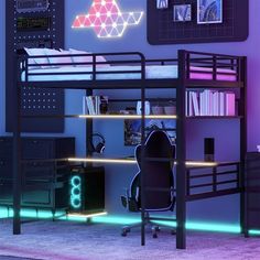 a bedroom with bunk beds and desks in the corner, lit up by neon lights