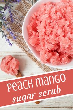 peach mango sugar scrub in a white bowl next to lavender sprigs