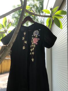 Black Linen Dress, Embroidery Motifs, Embroidered Clothes, Black Linen, Linen Dress, Elegant Dress, Go Shopping, Embroidered Dress, Hand Embroidered