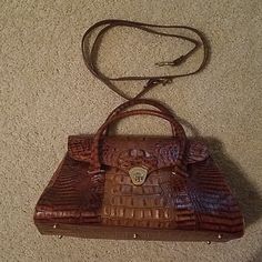 Classic Brahmin Embossed Leather With Taupe Microfiber Lining. Includes Detachable Crossbody Strap. All Gold Hardware; Back And Inside Pocket Zippers In Perfect Working Condition; Inside Has Key Fob Ring And Two Slip Pockets. Front Twist Clasp Has Minor Wear And Back Handle Has Tiny Scuff (Both Pictured.) Great Condition- Needs New Home. Brown Satchel With Gold-tone Hardware For Errands, Brahmin Bags, Coach Swagger Bag, Flap Bag, Key Fob, Crossbody Strap, Embossed Leather, Gold Hardware, Inside Pocket