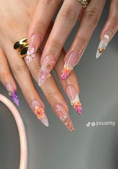 Long Flower Nails, Orchid Nail Designs, Orchid Nails, Edgy Nails, Girly Acrylic Nails, Exotic Nails, Pretty Gel Nails