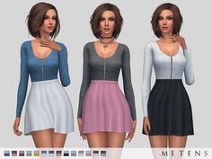 three different colored dresses with zippers on the front and back, one in grey, one in blue