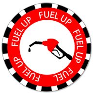 a red and black circle with the words fuel up on it