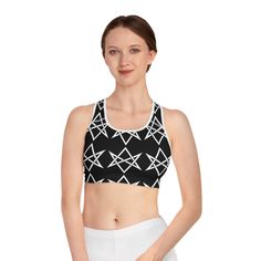 On the lookout for a comfortable sports bra that comes packed with style? This is the one - with an all-over-print that is yours to customize, a compression fit that delivers incredible support during peak activity, and a double-layer front - this sports bra has it all: custom style, support, and 360-degree comfort.  .: Material: 83% moisture-wicking polyester, 17% spandex\n.: Medium fabric\n.: Compression fit   S M L XL 2XL Underbust width, in 13.39 - 15.16 15.16 - 16.14 16.14 - 17.13 17.13 - 18.11 18.11 - 19.09  \n.: Assembled in the USA from globally sourced parts Unicursal Hexagram, Health Goth, Bra Items, Sport Bh, Bra Lingerie, 360 Degree, Double Layer, Sports Bra, Labour Day