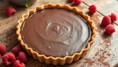 a chocolate tart crust with raspberries around it on a wooden table, ready to be eaten