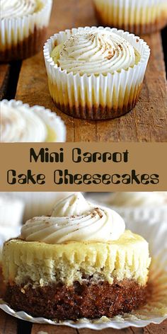 mini carrot cake cheesecakes with frosting on top and in the middle, sitting on paper plates