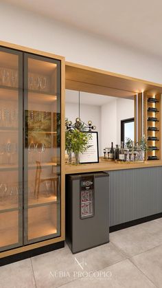 a wine cellar with glass doors and shelves filled with bottles, glasses and other items