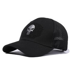 a black hat with a white skull on the front and side panel, in mesh