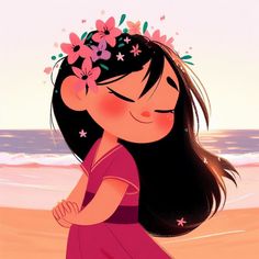 a girl with flowers in her hair standing on the beach