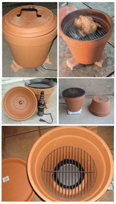 there are pictures of an outdoor grill made out of clay