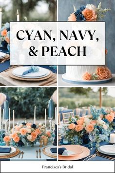 an elegant navy and peach wedding is featured in this collage with the words, cyan