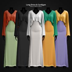 the long dress and cardigan are all different colors