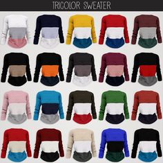 a group of sweaters with different colors and sizes on them, all in the same row