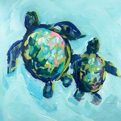 an oil painting of two turtles swimming in the ocean, one is green and the other is blue