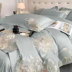 Bedding Set Egyptian Cotton Floral Embroidery Soft Duvet Cover Flat Bed Sheet.  "This pin contains affiliate links, which means I may earn a commission at no cost to you extra for you". 
 #affiliate #advertising"