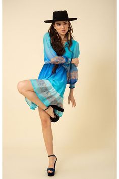 Washed Chiffon Jersey Lining Elastic Smocking at Waist Long Sleeve with Smocked Cuff Tier at Lower Skirt Above the Knee Length 35.5 HPS Above The Knee, Chiffon Dress, The Knee, Smocking, Blue Dresses, Pink Blue, Knee Length, Chiffon, Cuff