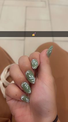 Green And White Fall Nails, Matt Sage Green Nails, White Nails With Sage Green Designs, Sage Green Leaf Nails, Sage Green Nail Inspo Acrylic, Olive Green Nails With Flowers, Forestry Nails, Nail Inspo Light Green, Nails For Light Green Dress