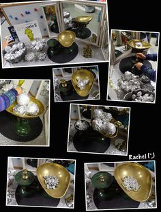 several pictures of different bowls and dishes with silver items in them, including one being filled with snowballs