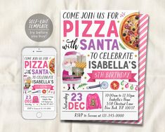 a pizza birthday party with pink and white striped paper, an iphone and a card