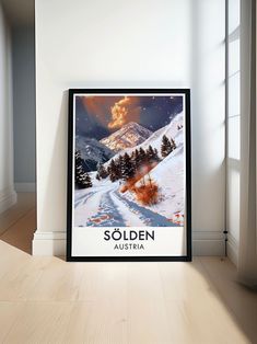 a poster on the wall in front of a window that reads, golden austrian winter scene