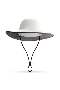 a white hat with a black string around the brim