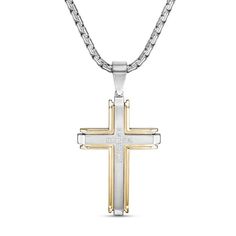 He'll love the modern vibe of this diamond cross pendant. Fashioned in stainless steel, this design features a satin-finished cross with beveled edges and a diamond-lined cross at the center. Yellow ion-plated borders give the style an industrial look. Radiant with 1/10 ct. t.w. of diamonds and a brilliant buffed luster, this pendant suspends along a 24.0-inch rounded box chain that secures with a lobster claw clasp. White Gold Polished Cross Necklace, White Gold Stainless Steel Cross Necklace, Elegant Stainless Steel Cross Necklace, White Gold Stainless Steel Cross Pendant Necklace, Modern Stainless Steel Cross Jewelry, Elegant Stainless Steel Cross Pendant Necklace, Stainless Steel Cross Jewelry With Polished Finish, Modern Stainless Steel Cross Pendant Necklace, Round Box