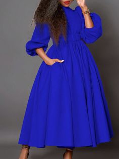 Azul Elegante Collar manga larga Tela tricotada Liso A línea Embellished No-Elástico Autumn Midi Dress, Dress Puff Sleeve, Midi Dress Fall, Tie Waist Dress, Dress With Belt, Slim Dresses, Women Long Dresses, Blue Midi Dress, Solid Dress