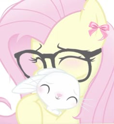 a pink pony with glasses holding a white bunny