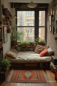 a living room filled with furniture and lots of plants on the window sill next to a book shelf