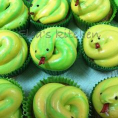 green cupcakes with yellow frosting and smiley faces