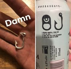 two pictures one has a beer and the other has a fish hook on it's thumb